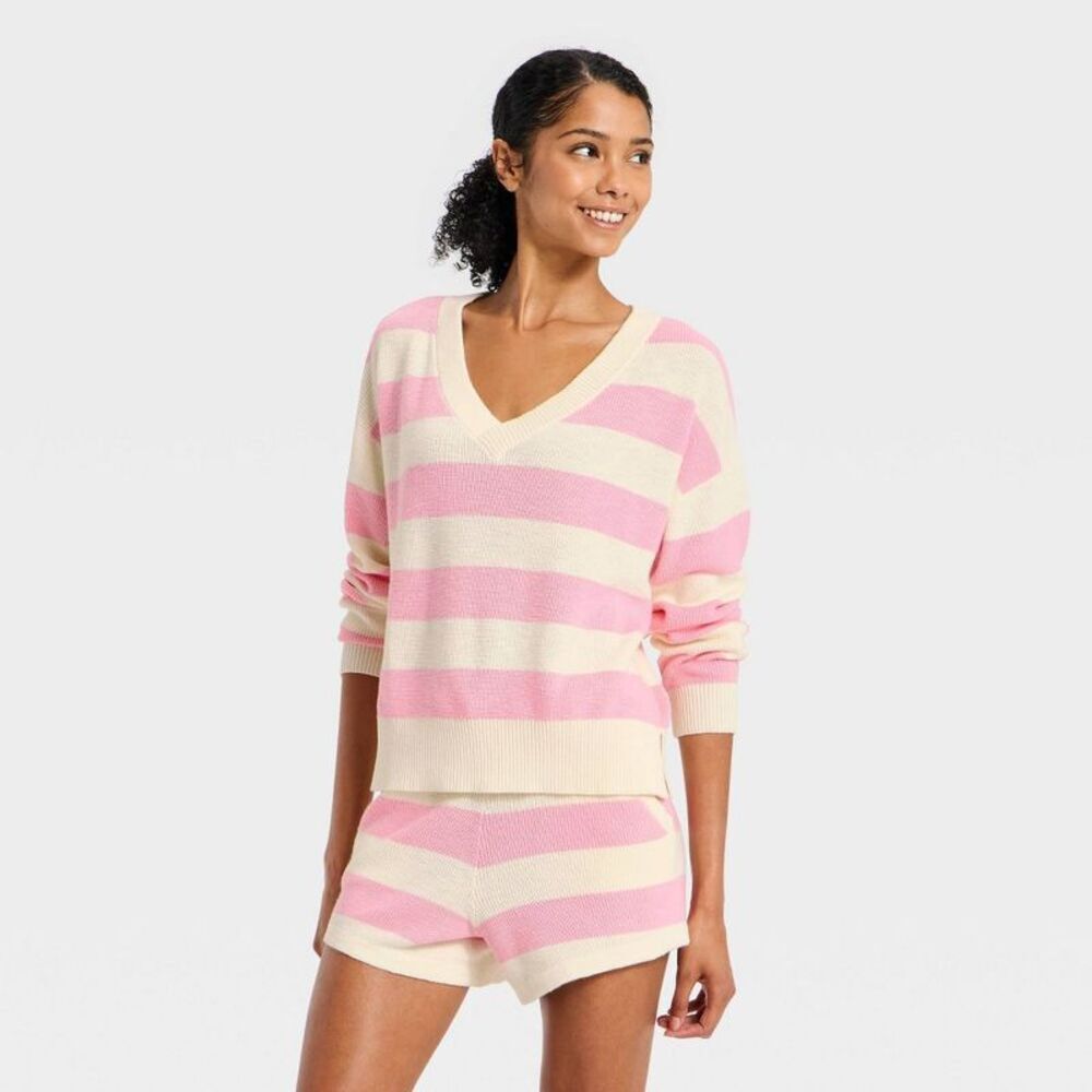 Women's Striped V-Neck Sweater Top - JoyLab Light Pink/Cream Stripe XS